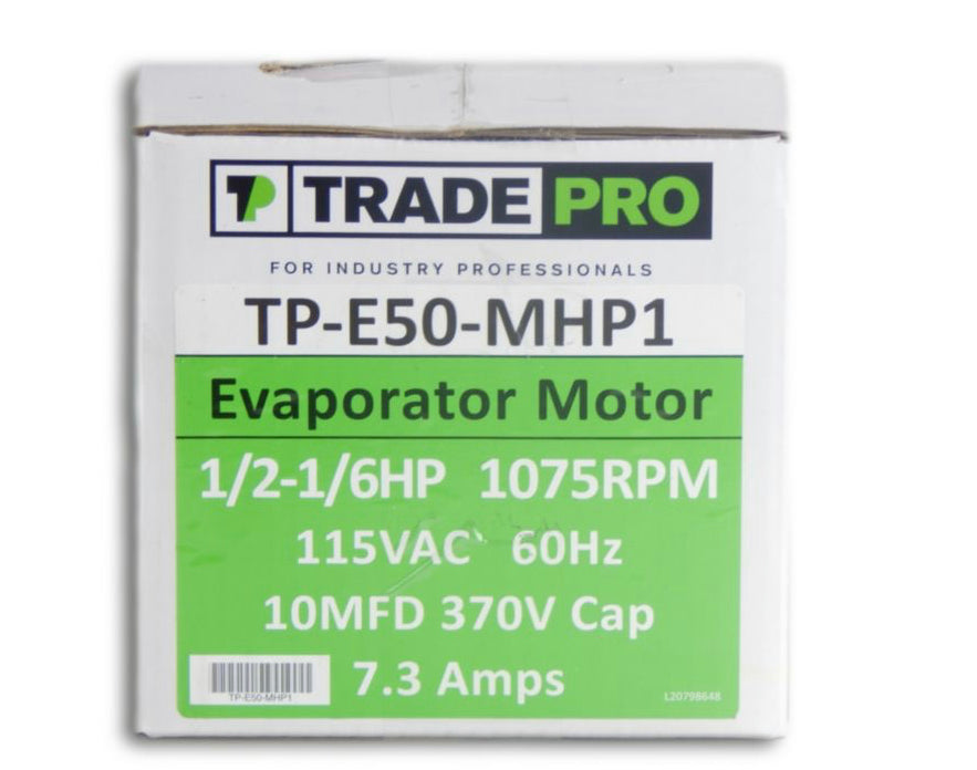 TP-E50-MHP1 EVAPORATOR MOTOR  1/2-1/6HP 1075 RPM 115VAC 60HZ 10MFD 370V CAP 7.3 AMPS